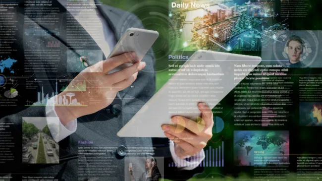 man looking at news on tablet